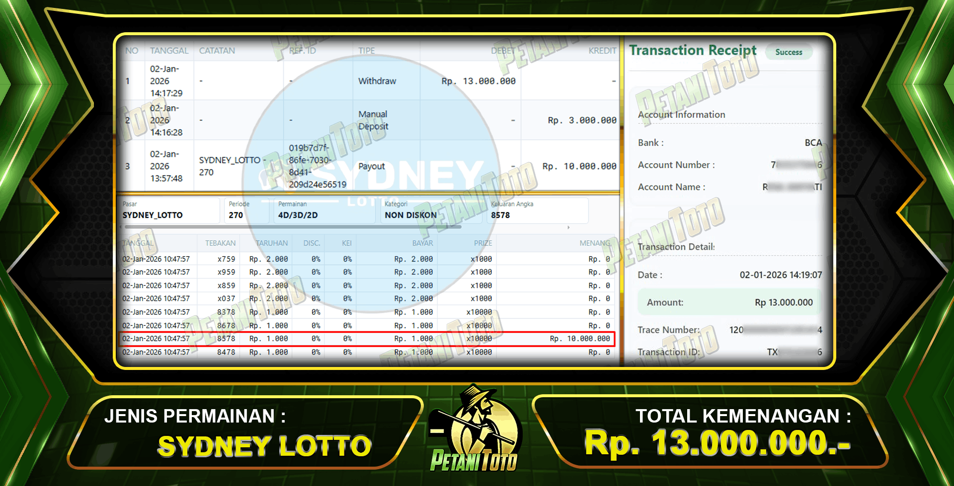 JACKPOT Rp13 JUTA PETANITOTO