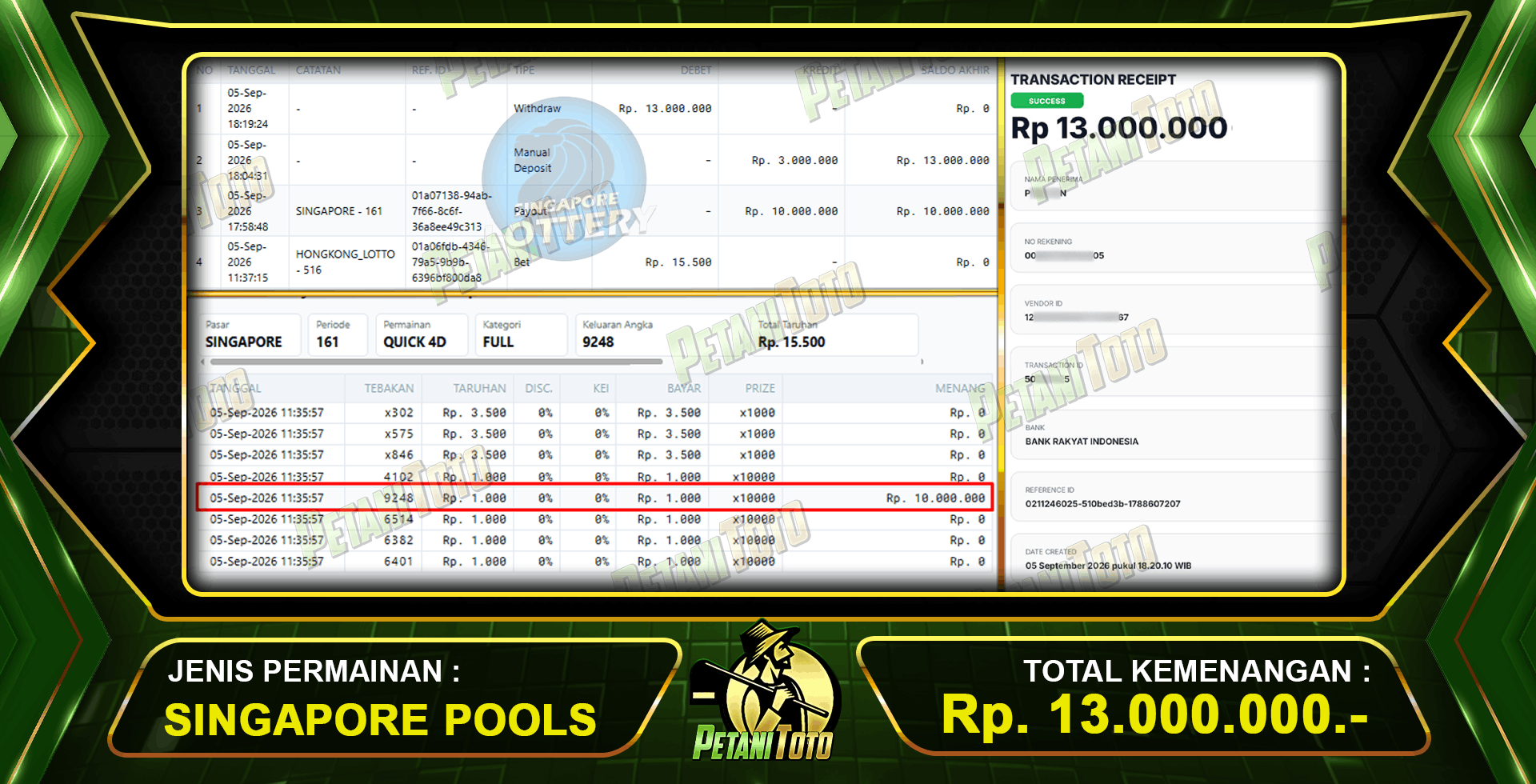 WITHDRAW 13JT SINGAPORE POOLS